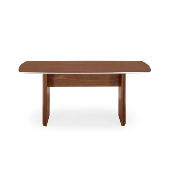 Secretária com tampo e pés em nogueira natural, pormenor em pérola.