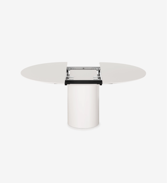 Table ronde extensible blanche avec pied cylindrique et mécanisme d'extension visible
