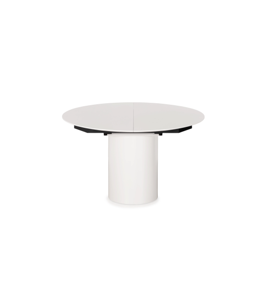Mesa de comedor redonda extensible Ø 130 cm, tablero y pie lacados en perla.