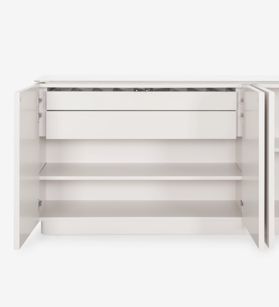 Aparador Geneve blanco con puertas abiertas, estantes y cajón superior