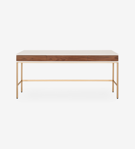 Secretária Cannes branca com frente em nogueira e pernas metálicas douradas