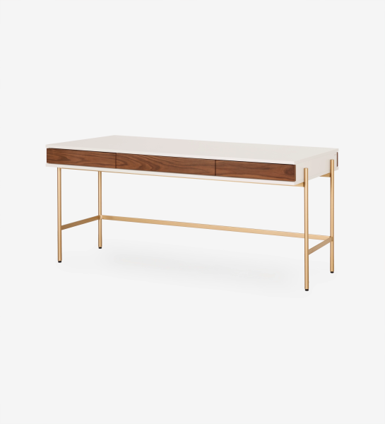 Secretária Cannes branca com gavetas em madeira e estrutura metálica dourada