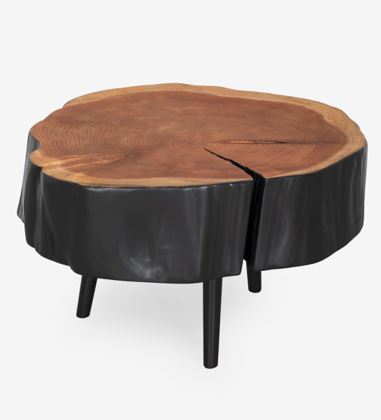 Mesa de Centro Tronco com tampo em corte de tronco natural e laterais e pés pretos