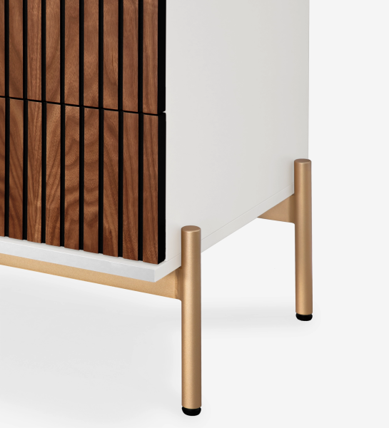 Commode Cannes blanche, façade à lattes en bois et piétement métallique doré