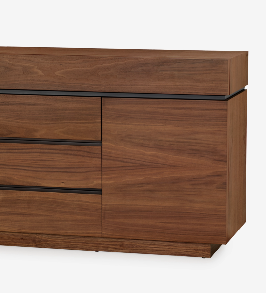 Nice Sideboard walnut with three drawers and single door, black recessed handles