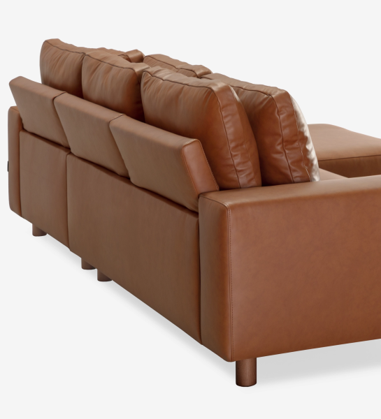 Dallas leather sofa with chaise longue, rear-side view showing cushions, arm and wooden legs