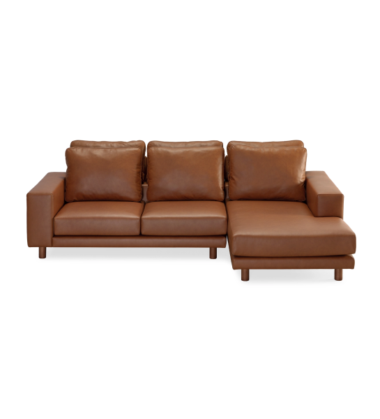 Dallas 2-seater sofa with right-hand chaise longue, upholstered in camel leather, reclining back cushions, walnut-coloured feet, 273 cm.