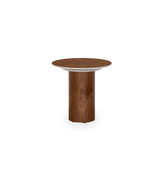 Paris round side table, top and base in natural walnut, pearl lacquered detail, Ø 48 cm.