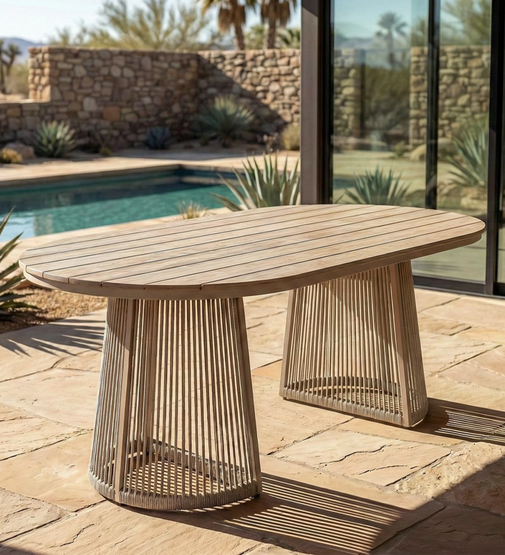 Oval dining table, 180 cm long, in polywood and rattan.