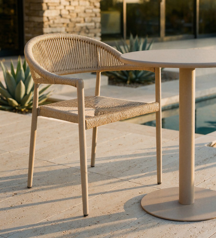 Stackable outdoor chair in rattan and aluminium.