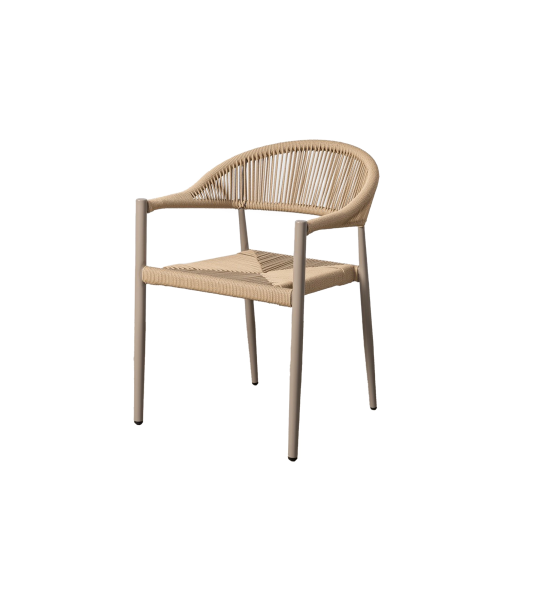 Stackable outdoor chair in rattan and aluminium.