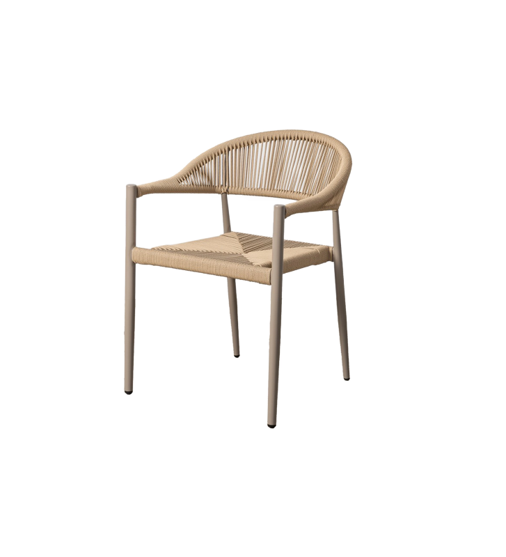 Stackable outdoor chair in rattan and aluminium.
