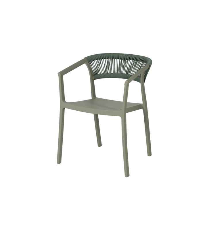 Stackable outdoor chair in polypropylene and polyethylene rope.