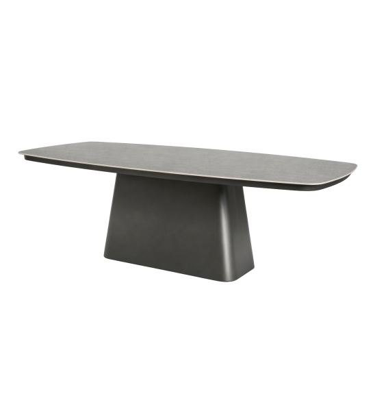 Mesa de Jantar retangular com 220cm, em alumínio de cor antracite e tampo cerâmico com imitação de mármore antracite.