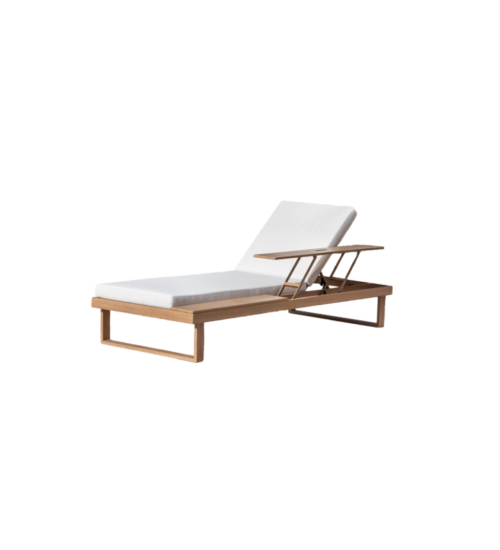 Sun lounger in aluminium with wood-effect finish, beige Olefin cushions, rear wheels, and a side tray with lift function in resin with wood-effect finish.