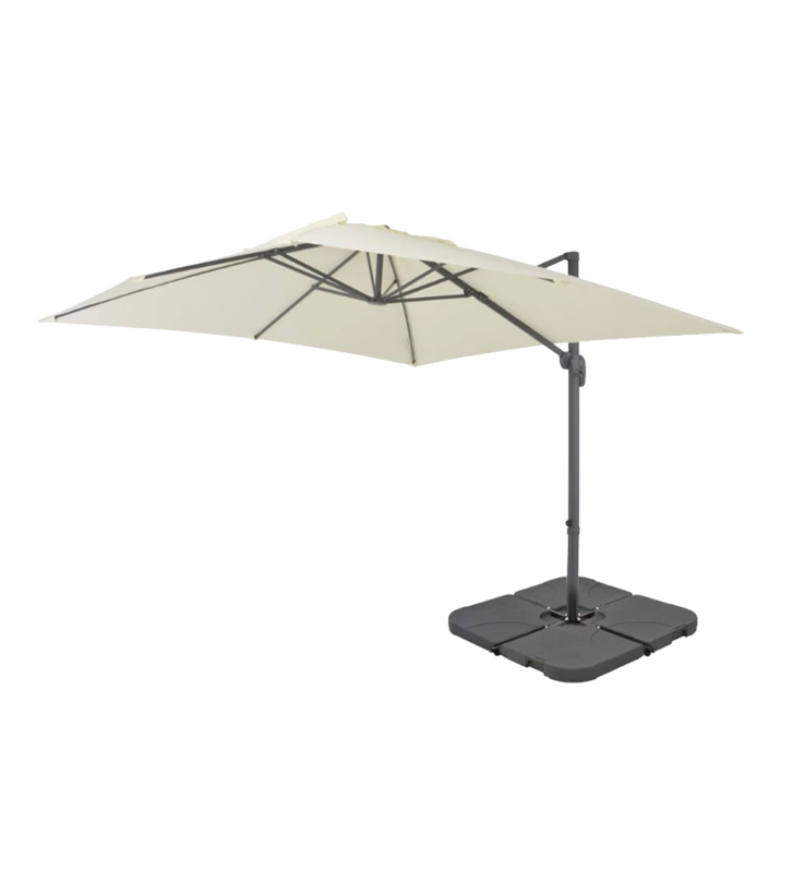 Parasol de 300×400 cm en aluminium de 35 mm, toile en polyester beige  180 g et système d’ouverture à manivelle. 