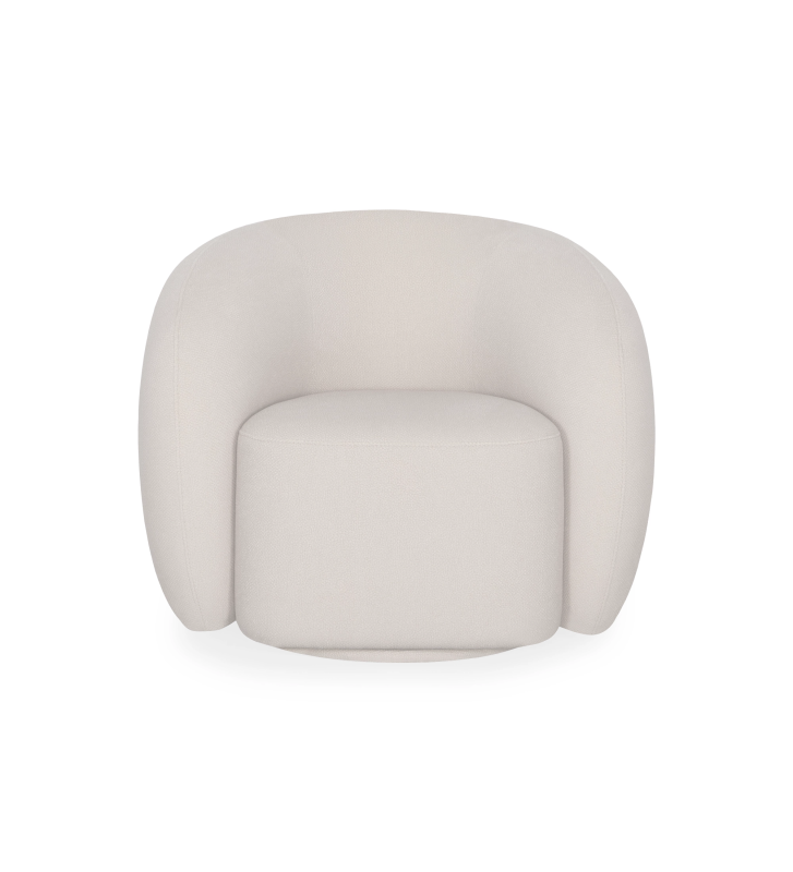Sillón con base giratoria y completamente tapizado en tejido color perla.
