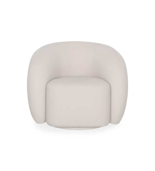 Sillón con base giratoria y completamente tapizado en tejido color perla.