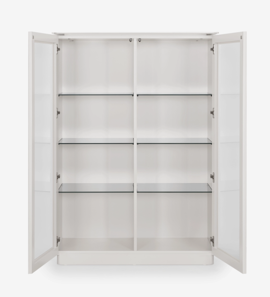 Meuble Vitrine Geneve blanc à portes vitrées ouvertes et étagères en verre