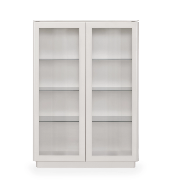 Vitrine com 2 portas em vidro pérola, pormenor de porta e estrutura lacado a pérola.