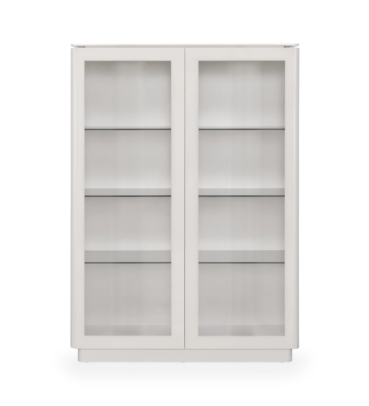 2 portas em vidro e palissandro alto brilho, prateleiras de vidro, faixas em vidro preto, estrutura lacada a negro, com iluminação