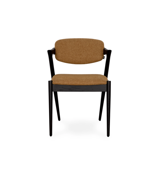 Chair with wengue wood structure, with seat and back upholstered in yellow fabric.