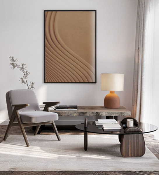 Elba table lamp with terracotta base and cream shade on console table in living room