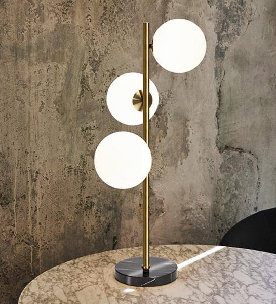Corsega Table Lamp with three white glass globes on brass stem and black marble base