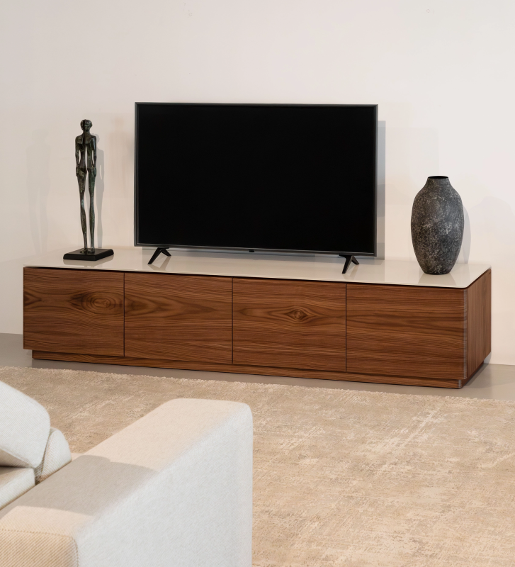 Geneve TV unit with 4 doors, natural walnut structure, and pearl glass top.
