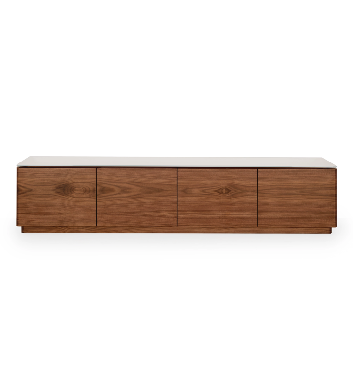 Geneve TV unit with 4 doors, natural walnut structure, and pearl glass top.