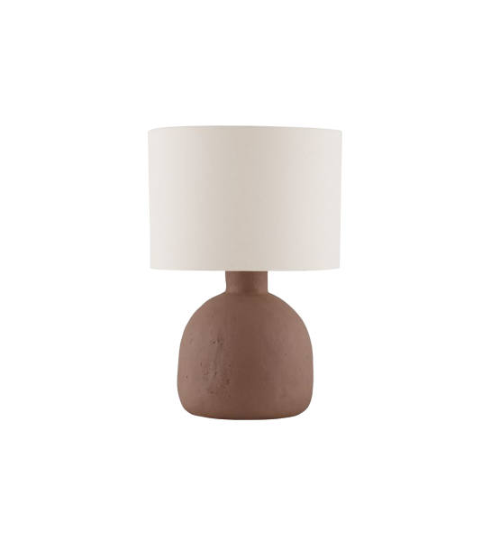 Lámpara de mesa con pantalla de papel maché y tela en color taupe.