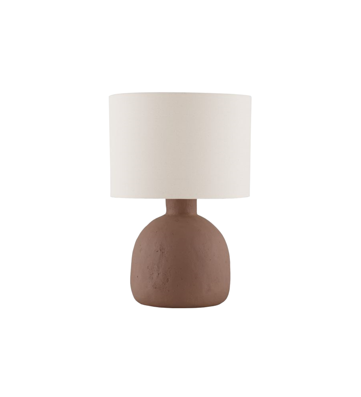 Candeeiro de Mesa com abajur em papel machê e tecido na cor taupe.