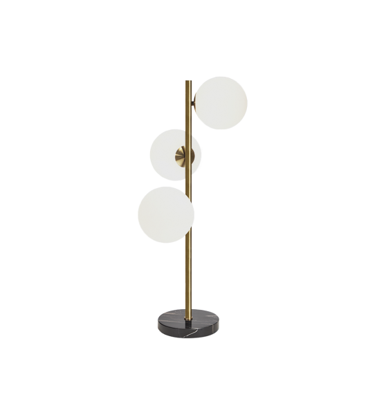 Table lamp with a stainless steel structure and marble base.