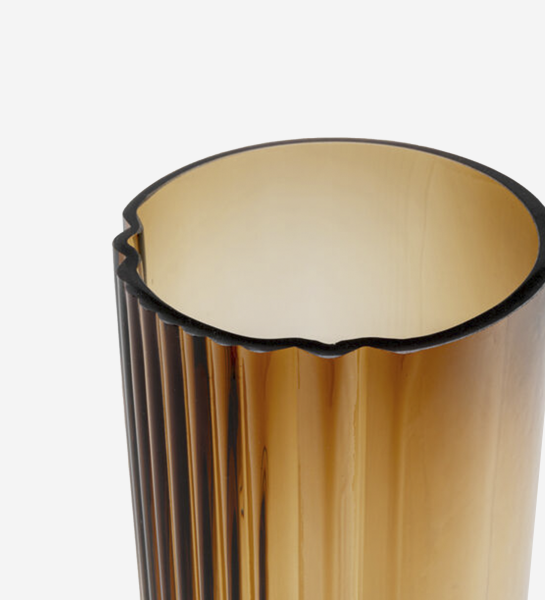Daphne Vase amber glass with vertical fluted ribs and scalloped rim