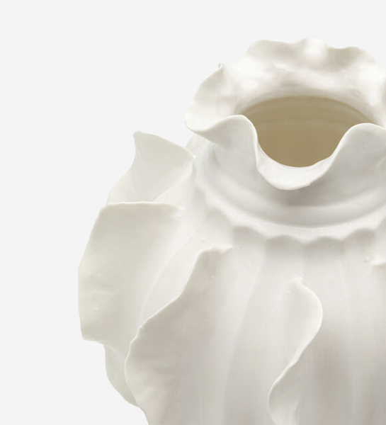 Viento Vase white ceramic with ruffled, petal-like edges