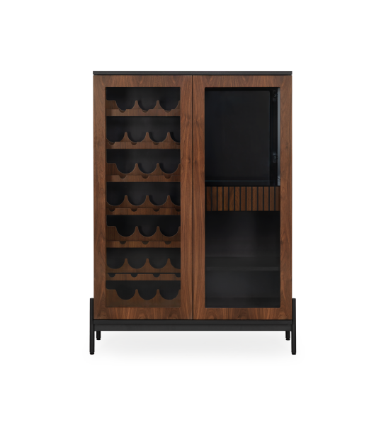 Vinoteca en noga naturall, con iluminación, estructura negro y pies de metal lacado negro con niveladores.