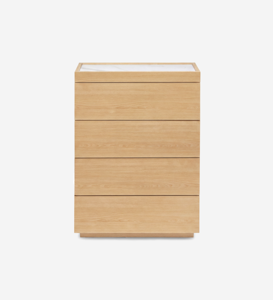 Chiffonnier Lagos en bois clair à cinq tiroirs et plateau blanc