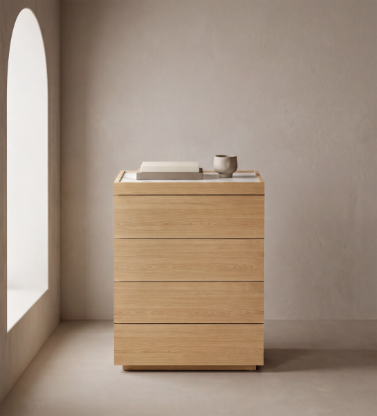 Chiffonnier Lagos en bois clair à cinq tiroirs, décor minimaliste