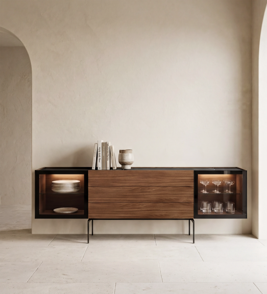 Lagos Sideboard wooden console with black metal frame, glass display cabinets and tableware