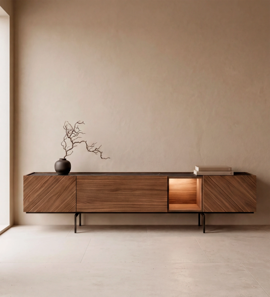 Móvel TV Lagos em madeira com padrão diagonal, pés metálicos e nicho iluminado