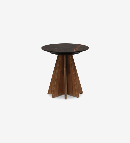 Table d'Appui Lagos ronde, plateau marbre noir et pied en bois façon éventail