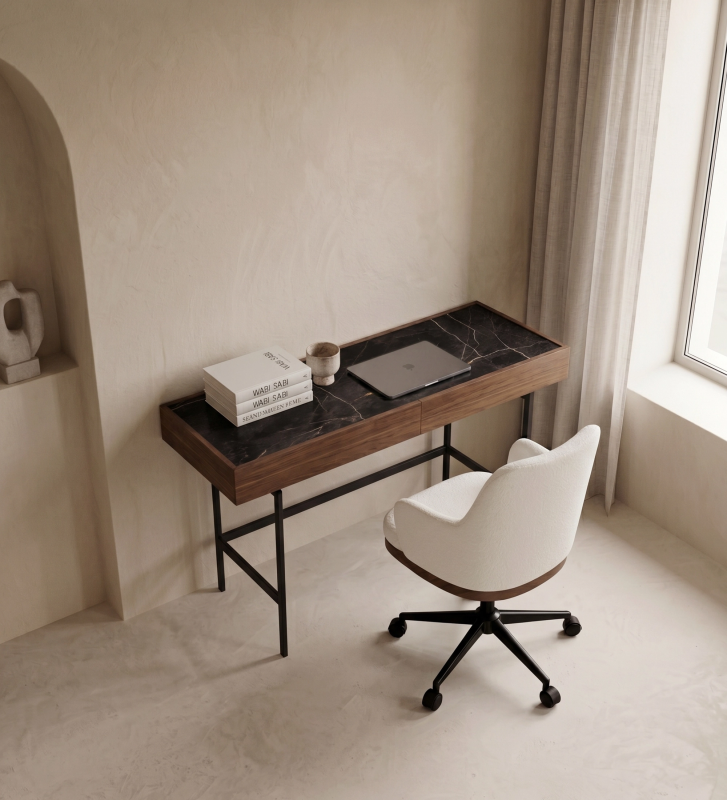 Desk with 2 drawers in walnut and Port Laurent marble laminate top and black lacquered metal legs