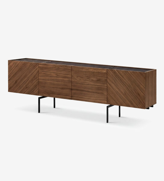Lagos Sideboard in walnut with chevron grain and slim black metal legs