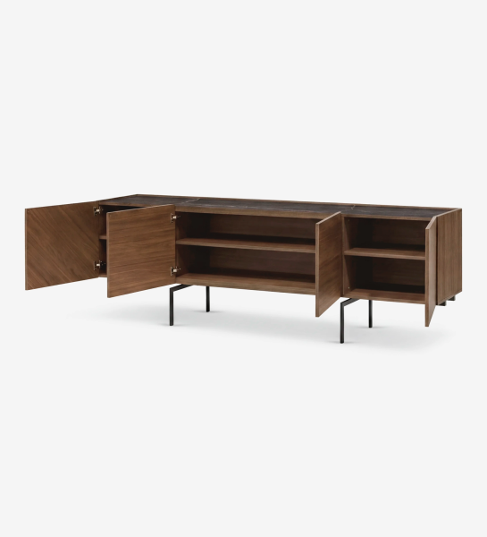 Lagos Sideboard with three open doors, interior shelves, walnut finish and metal legs