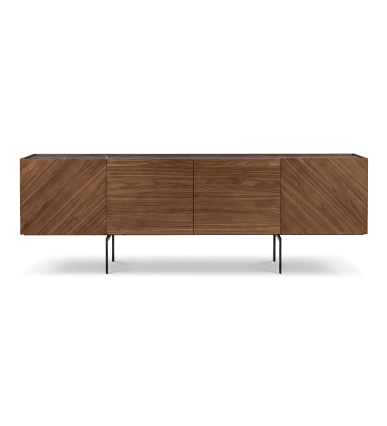 Sideboard with 4 doors in walnut, port laurent marble laminate top and black lacquered metal legs