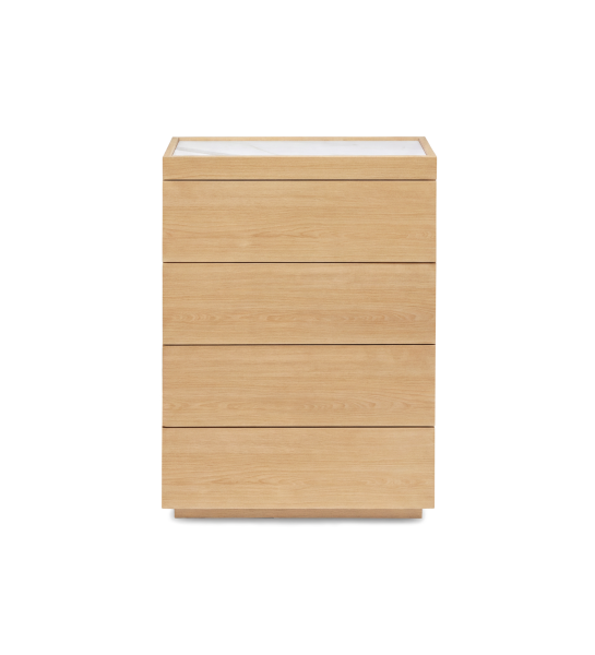 Camiseiro com 4 gavetas em carvalho cor natural e tampo em laminado mármore calacatta gold