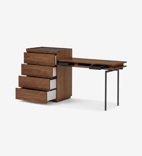 Camiseiro com Toucador Lagos em nogueira, cinco gavetas e secretária lateral com pernas metálicas