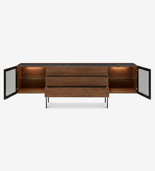 Lagos Sideboard with open side doors and three central drawers, walnut finish and black marble top