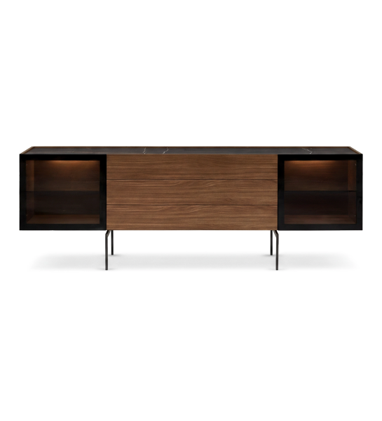 Sideboard with 2 glass doors with lighting and 3 drawers in walnut, Port Laurent marble laminate top and black lacquered metal legs
