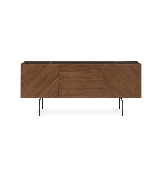 Sideboard with 3 walnut doors, top in Port Laurent marble laminate and black lacquered metal legs